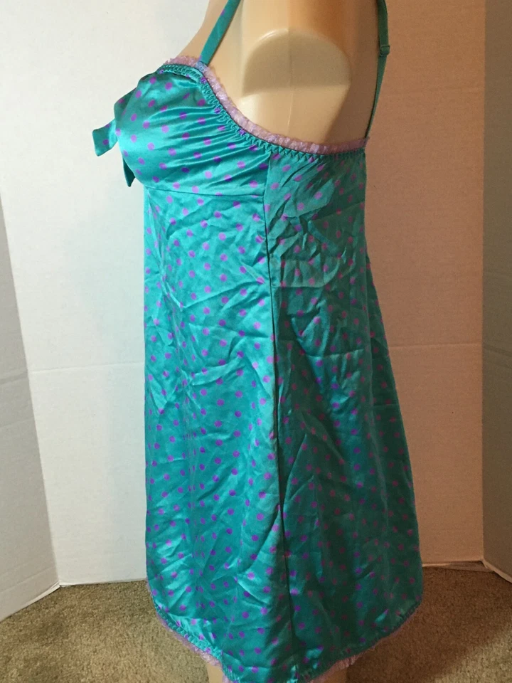 VICTORIA'S SECRET Camisón Satinado Sedoso M 36 Botones Verde Púrpura Lunares De Colección 2007 Foto 4 de 4