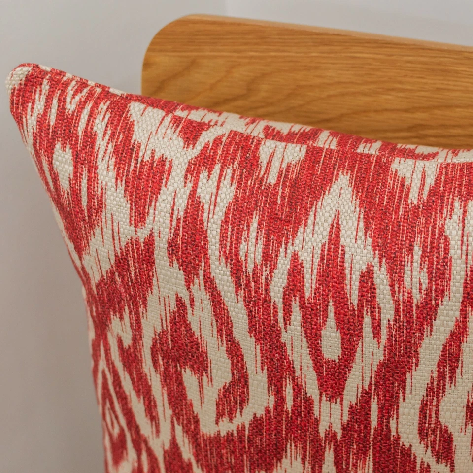 Textured Linen Blend Abstract Ikat Cushion in Bright Red. 17x17". Double Sided. - Image 2 of 2