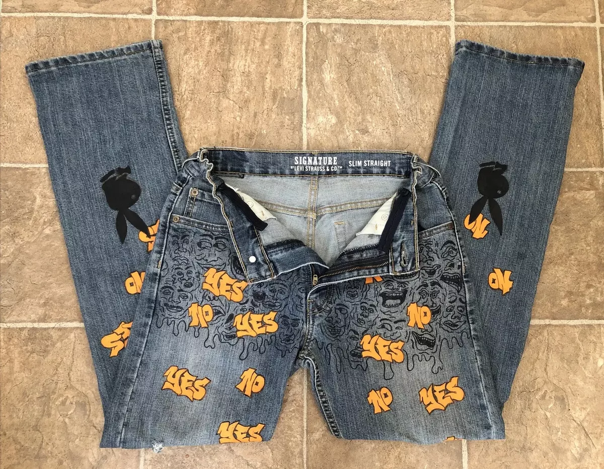 LEVIS-Blue Wash Denim Jeans CUSTOM Graffiti Paint-Ink Street Art Womens 30 x 32