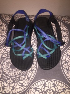blue and green chacos