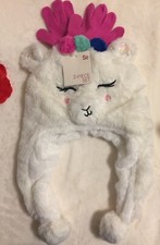 SO Girls Faux-Fur Shell ivory White LAMA Trapper Hat Beanie /Pink Gloves Set S/M