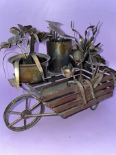 Vintage Folk Art Copper Tin Flower Cart Metal 3D Art Sculpture