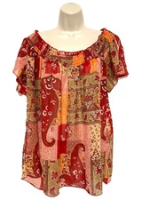 Pure Energy 1 Women’s blouse orange red peach patchwork short sleeve fair isle