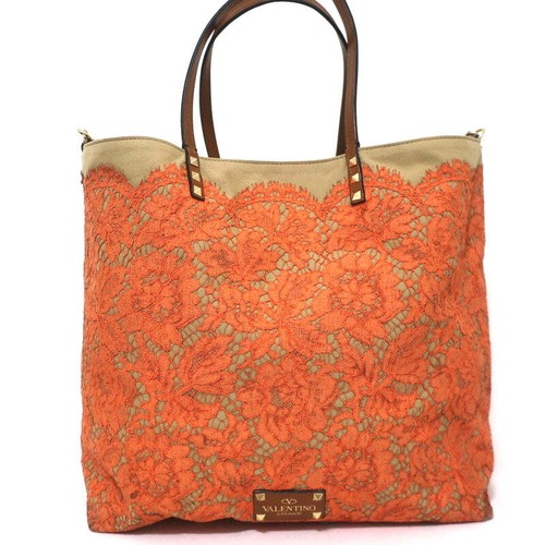 Valentino Glam Reversible Lace Tote Orange/Tan Large Crossbody Shoulder Bag - Bild 5 von 14