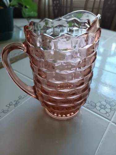 Vintage Fostoria Cubist Pattern Pink Peach Color Glass Pitcher 40 oz 8" H x 7" W