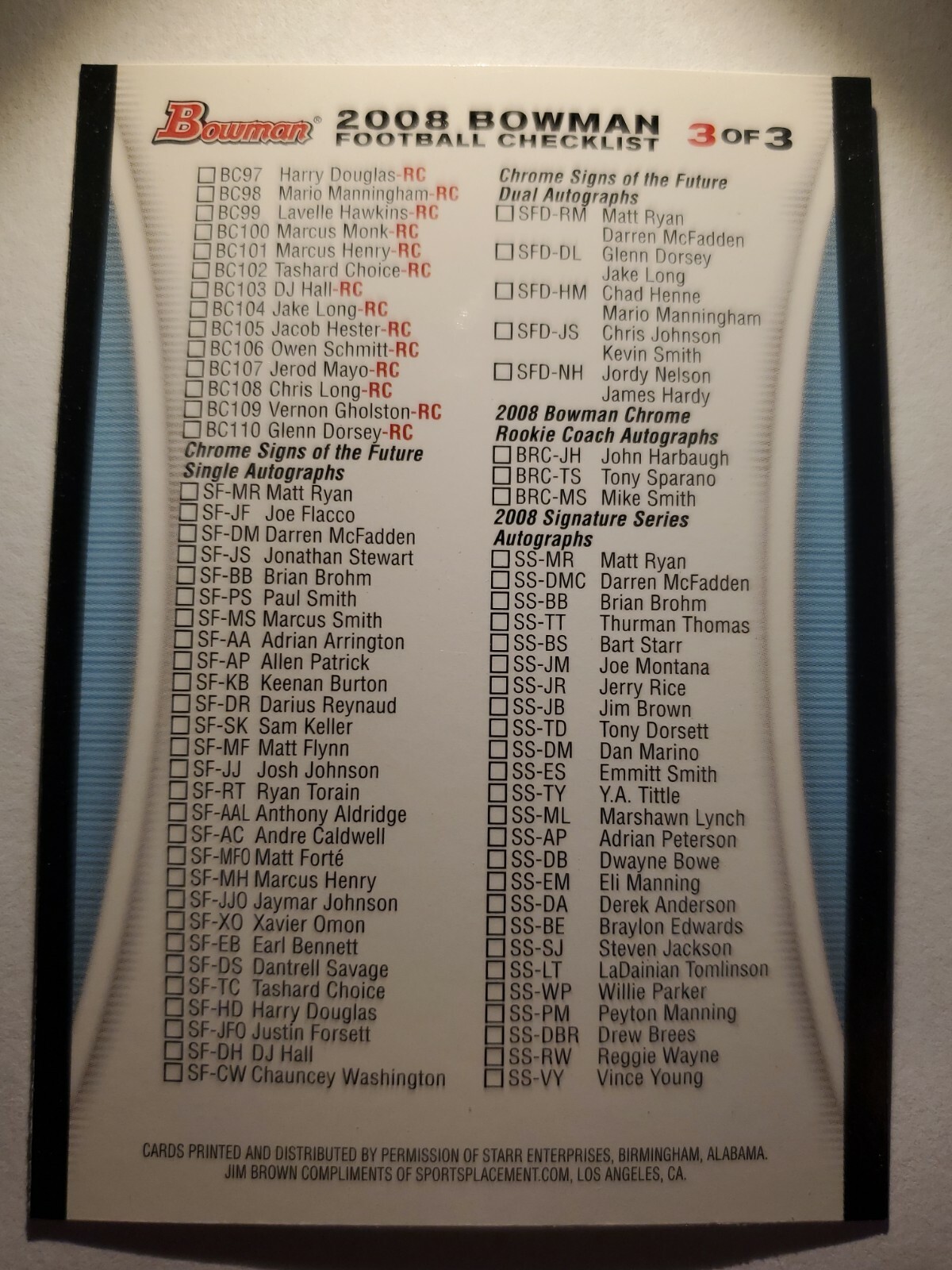 2008-09 Bowman Checklist #3 of 3 Football DNA Games