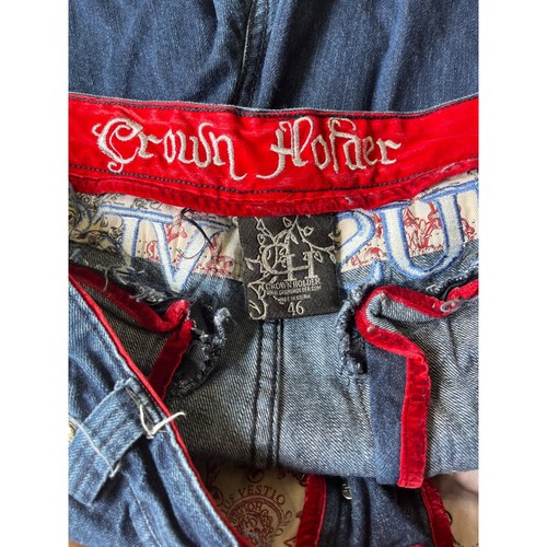 Crown Holder Cyber Y2K Jeans Mens 46 Embroidered Floral Button Fly Streetwear - Picture 11 of 15