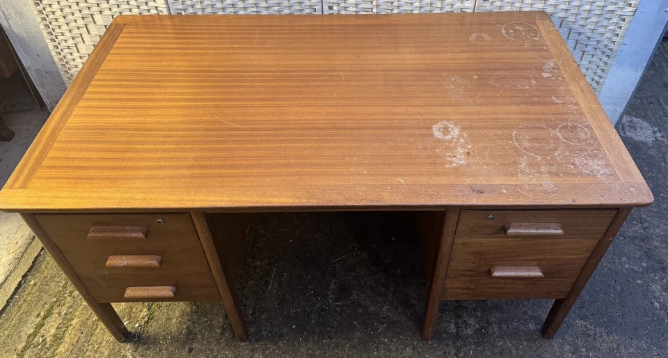 Vintage Retro Teachers Double Pedestal Desk With Key, Pull Out Sides  Abbess? - Image 4 of 4