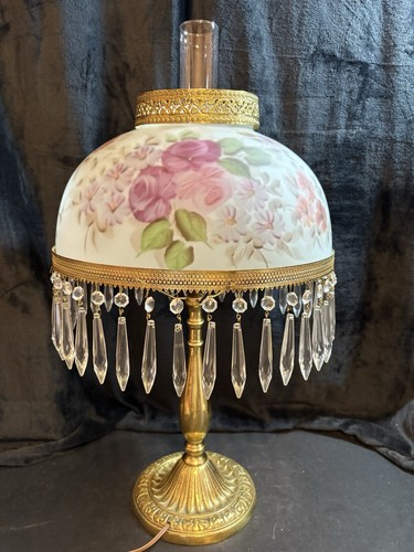 Parlor Lamp L G Wright Floral Reverse Painted GWTW Lamp Prisms 26" T x 14" D