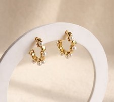 Gold Pearl Huggie Earrings, Minimalist Hoop Earrings for women girls