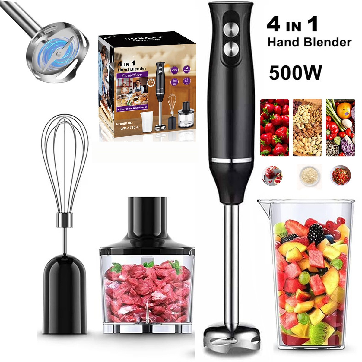 Hand Blender 4 in 1 Pürierstab 500W Multifunktional 2 Gänge Profi für Smoothies