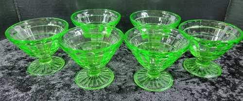 6-VTG Anchor Hocking Block Optic Green Uranium Glass Dessert/Sherbert Dishes