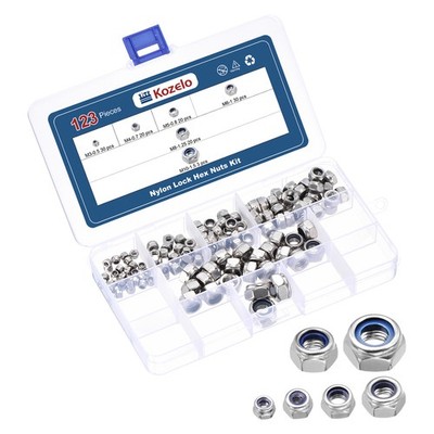 123Pcs Nylon Lock Hex Nuts Kit [M3,M4,M5,M6,M8,M10], Silver