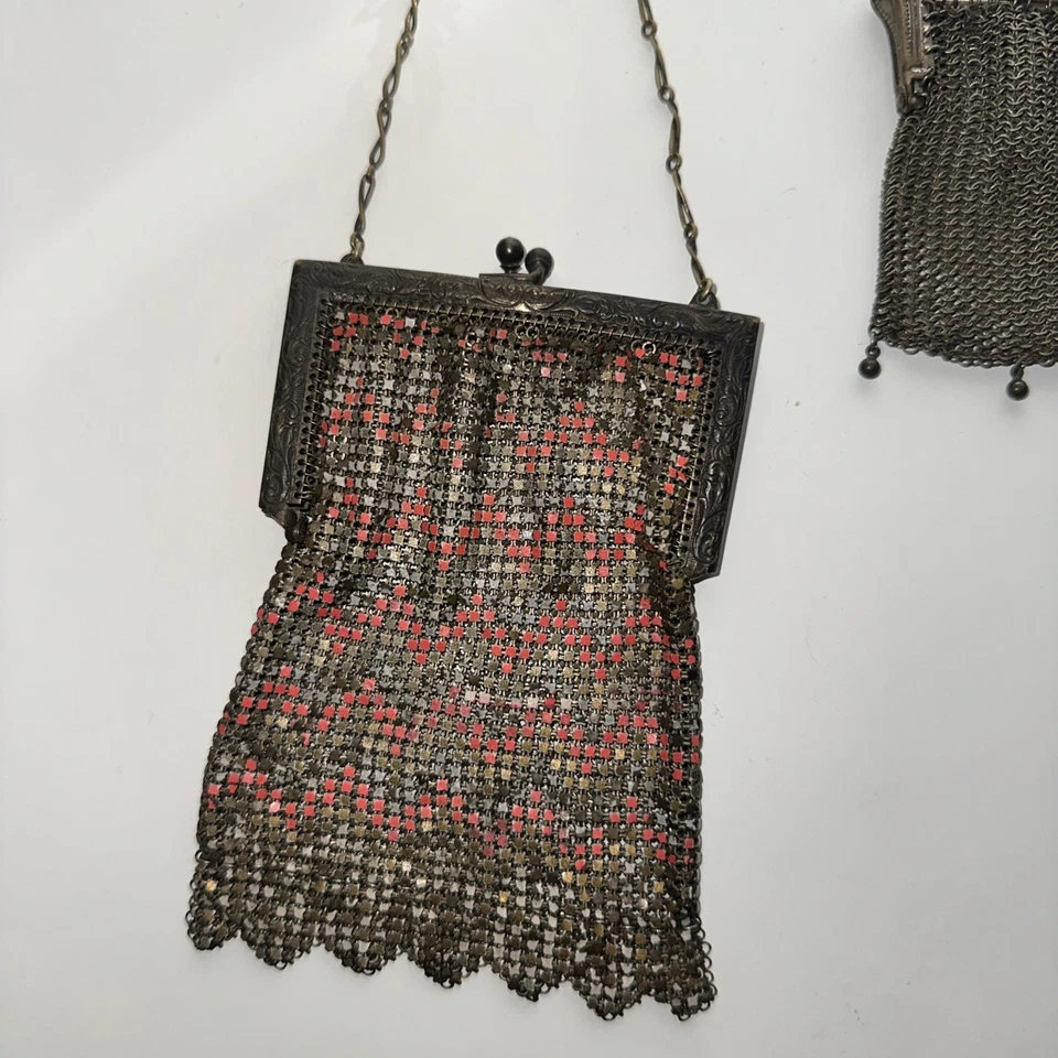 复古古董 批量 花卉艺术装饰 Flapper 搪瓷 银色 金色 金属网眼包 钱包 — 第 2/4 张图片