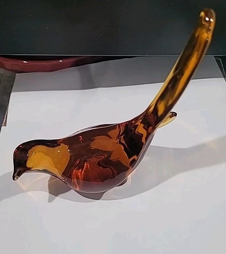 New ListingVintage Fenton Amber Glass Bird Of Happiness Art Glass Paperweight Long Tail