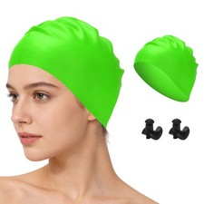 Silicone Swim Cap Set with Earplugs, 9.1 x 7.9"  1 Set  Fluorescent Green