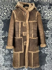 Women's Vintage Brown Lambskin Shearling Coat with Hood and Toggle Buttons