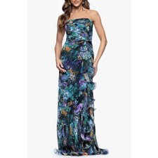 Xscape Gown Womens Size 2 Teal Multi Pleated Ruffle Strapless Mermaid Floral NEW