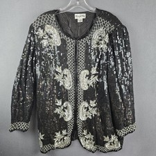 VTG Midnight Run Cocktail Party Jacket Black Silver Silk Sequin Beaded Size 1X