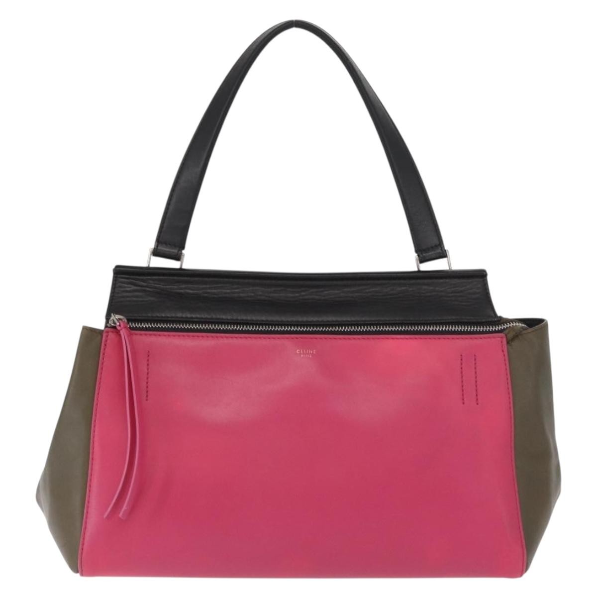 CELINE Edge Small Hand Bag Leather Pink Black khaki Auth kk608 | eBay
