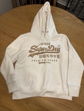 Superdry Women's White Hoodie Gold Logo Pullover Sweatshirt Size 14 Streetwear