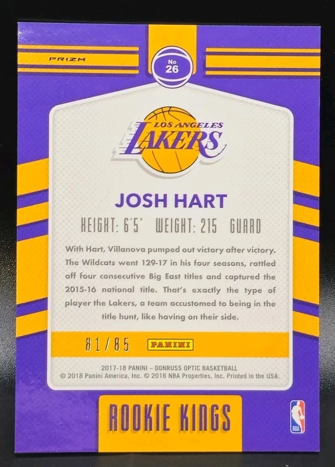 JOSH HART 2017-18 OPTIC ROOKIE KINGS BLUE HOLO PRIZM PARALLEL ROOKIE RC 81/85 - Image 2 of 2