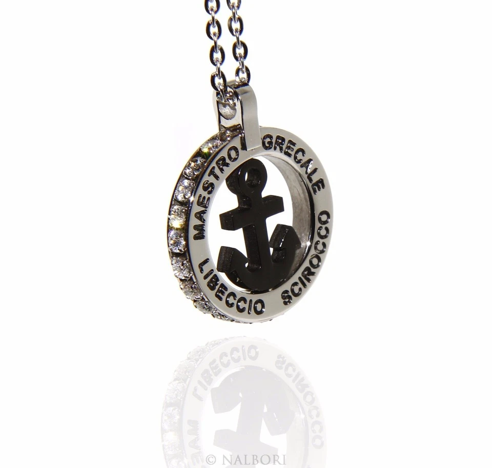 collana acciaio ciondolo nero oro timone ancora rosa dei venti ruota zirconi blu - Immagine 2 di 4