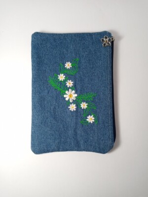Embroidered Denim Clutch Purse Zipper W/Silver Toned Flower Pull 8.5x6...