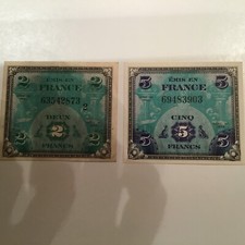 FRANCE ALLIED MILITARY OCCUPATION 2 & 5 FRANCS 1944 BANK NOTES FREE FAST SHIP!!!