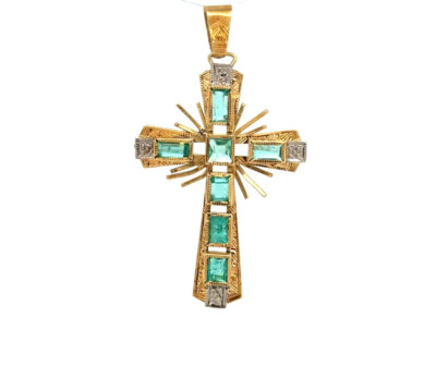 Vintage 18K Yellow Gold Cross Pendant – 7 Colombian Emeralds – 3.60g ...