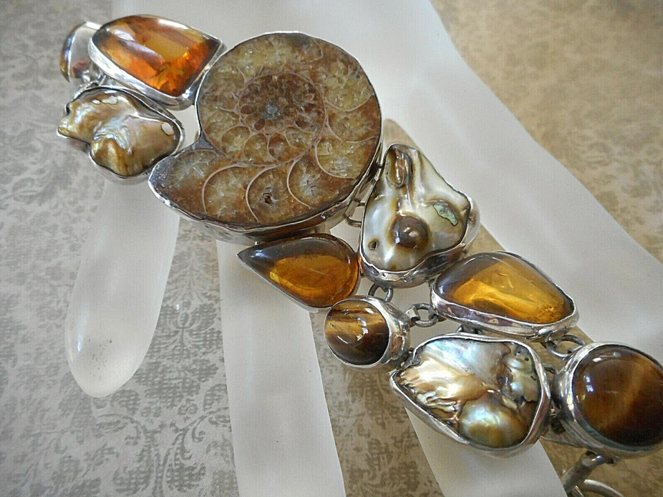 Dramático Brazalete Ojo de Tigre con Cáscara de Ámbar Fósil de Anémona Esterlina RE99C2R Foto 3 de 4