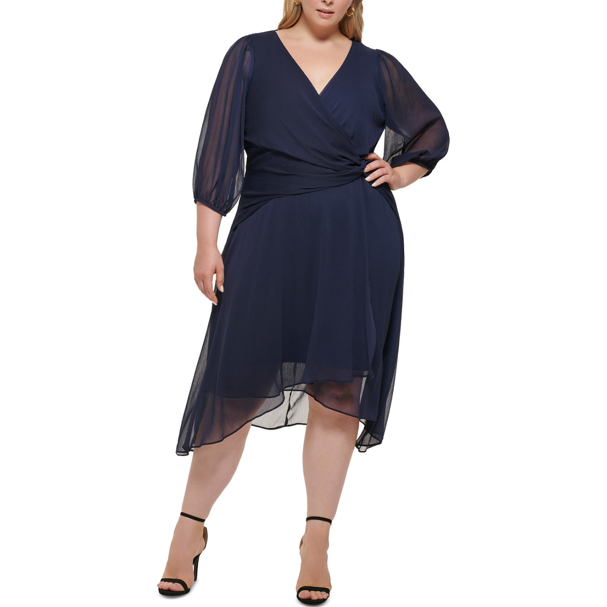 DKNY Womens Navy High-Low Twisted Side Long Sleeve Balloon Sleeve Dress  Plus 16W