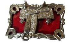 Vtg Saddle Belt Buckle Red and Silver Rodeo Western Design Pat Pending