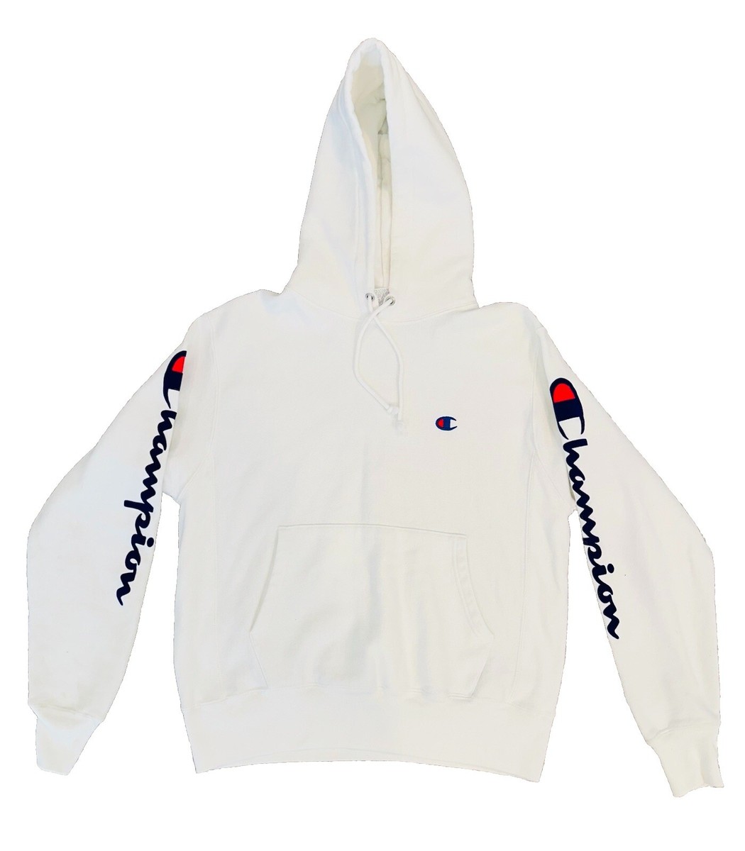 New CHAMPION Reverse Weave White Hoodie Men's Medium Flock Arm