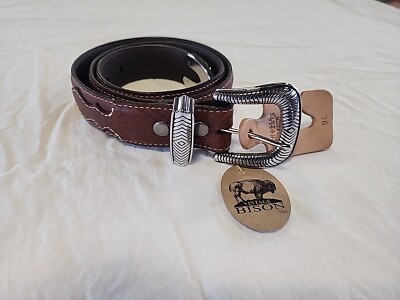 NWT MEN'S LEJON PICKETT VINTAGE BISON WESTERN LEATHER BELT 6243 SIZE 36 SADDLE