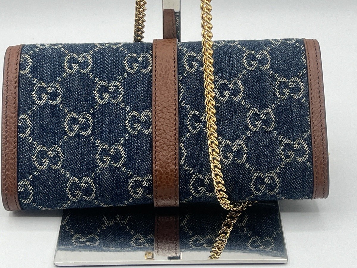 NWT Gucci Jackie 1961 GG Monogram Blue Denim Wallet on Chain