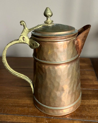Vintage Copper Hammered Metal Kettle Teapot with Brass Handle & Hinged Lid - B12