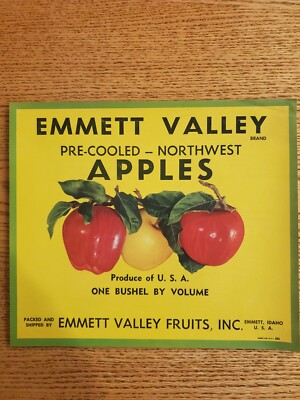 ORIGINAL FULL SIZE EMMETT VALLEY APPLE WOOD CRATE BOX LABEL EMMETT IDAHO