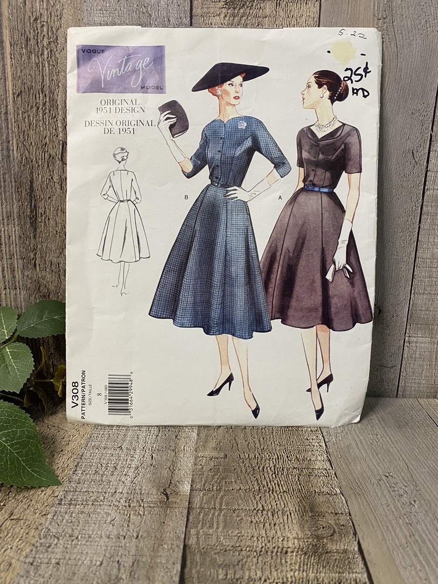 Vintage Vogue V308 1951 Original Design A-Line Dress Pattern SZ 8 Uncut