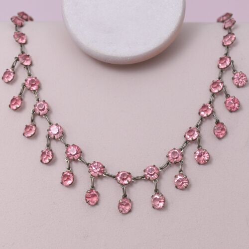 Antique 1920s Art Deco TINY Open Back PINK Crystal Glass Dangle Necklace - Foto 1 di 6