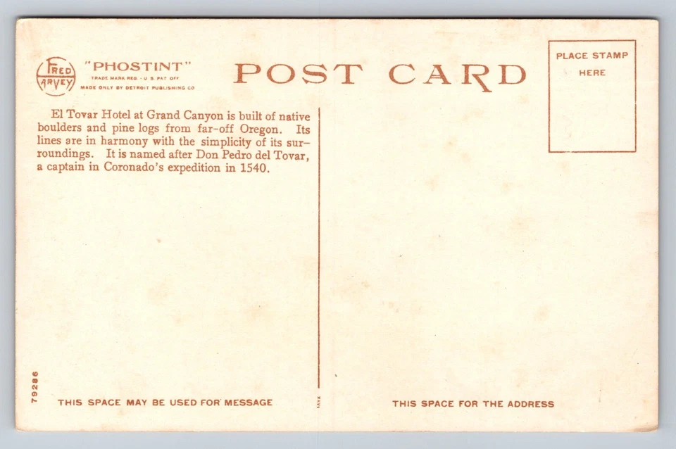 Antique Fred Harvey Postcard Rendezvous El Tovar Hotel Grand Canyon H-1934 - Image 2 of 2