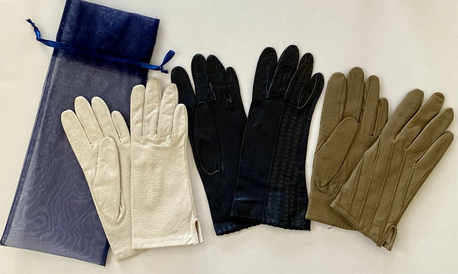 Three Pairs Ladies Leather Gloves Cream, Brown/Tan, Deep Navy