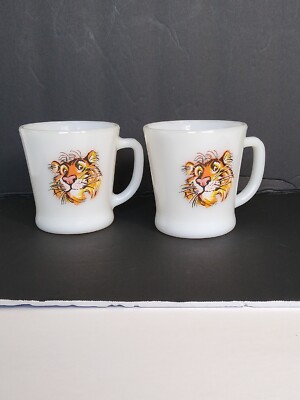 Exxon Esso Gas Tiger Logo  Fire King  White Glass Coffee Mugs Advertising 1960's
