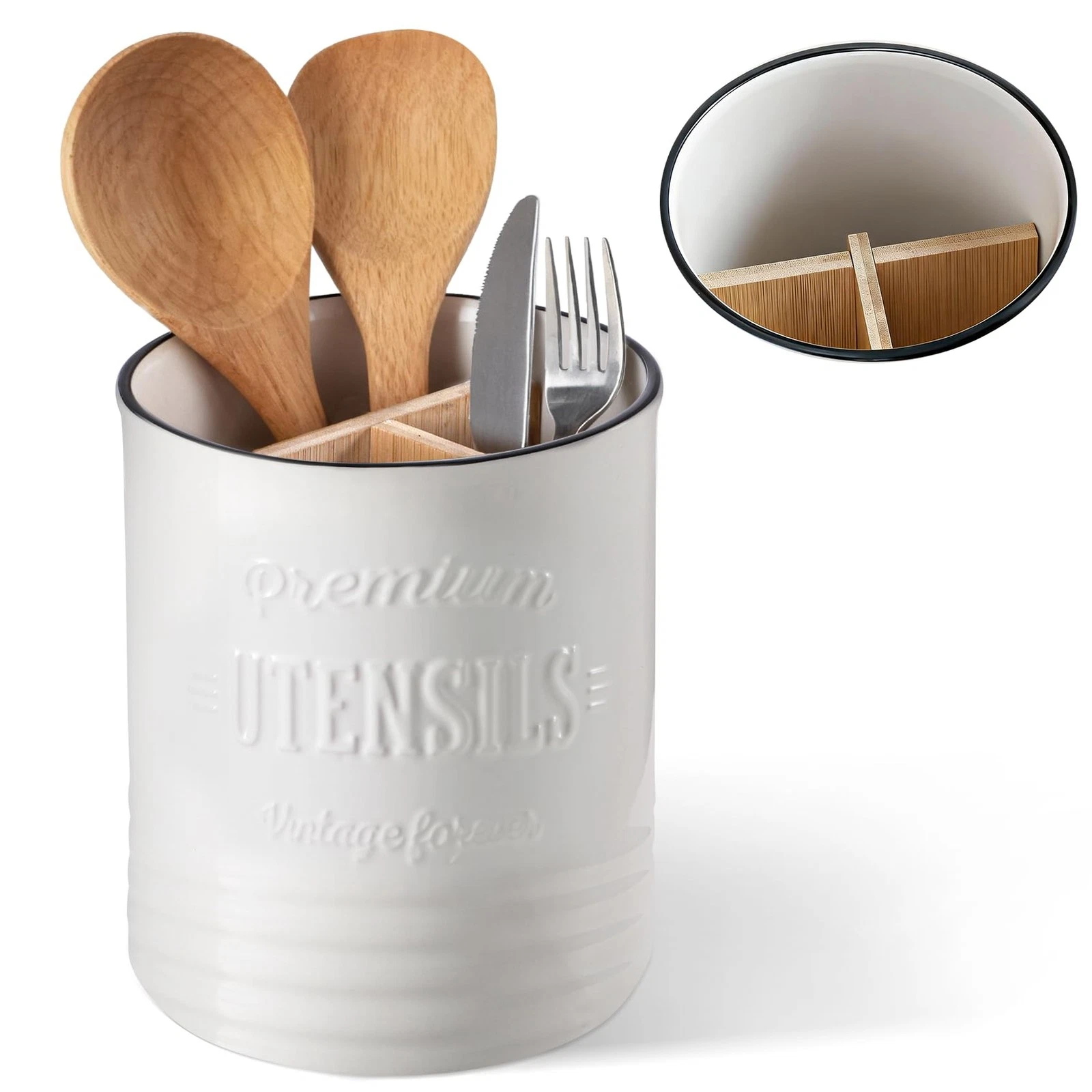 3 Compartment Kitchen Utensil Holder, 7.2″ Extra-Large Ceramic Stable Utensil...