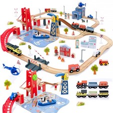 117 Pcs Wooden Train Set Busy Port City Expandable Track Toy for Kids Ages 3 ...