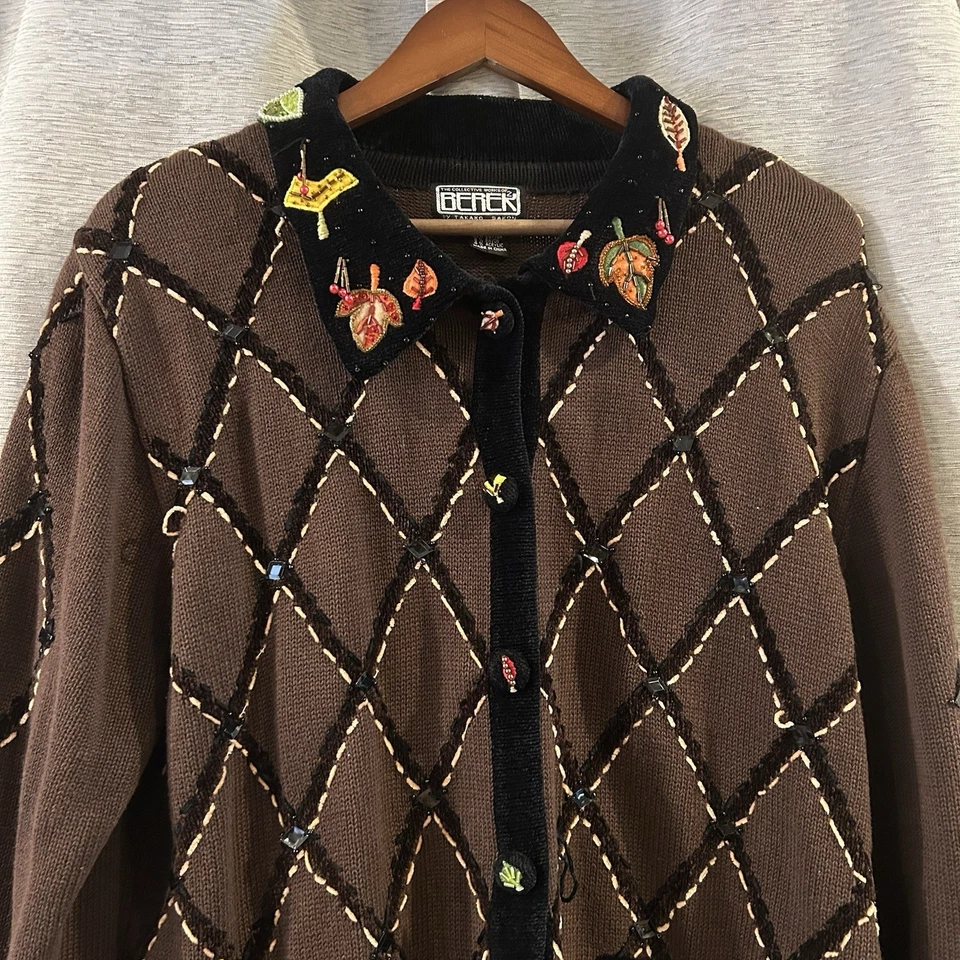 Cárdigan Berek Otoño Suéter Marrón Con Cuentas Adornado Acción de Gracias Grannycore De Colección Foto 3 de 4