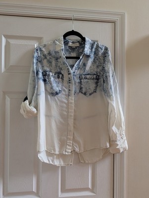 Thread & Supply M Blue White Acid Wash Dip Dye Button Down Shirt Long Sleeve Top