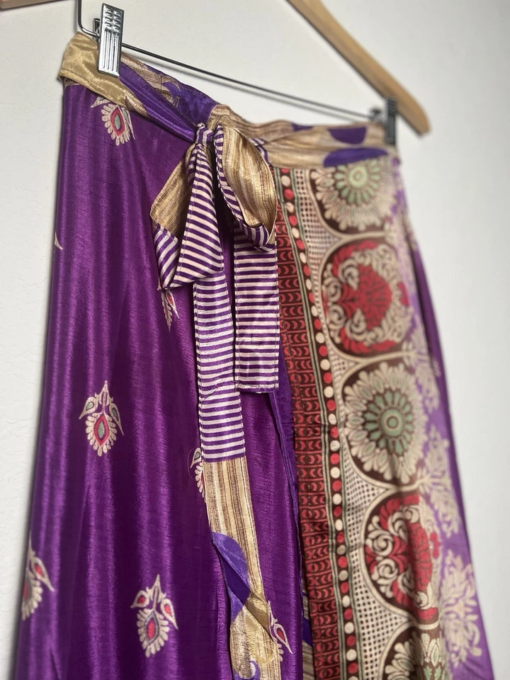 Maxi falda envolvente larga 100 % seda reciclada talla libre cachemira púrpura gitana boho Foto 4 de 4