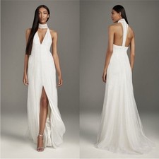 Vera Wang / NWOT White High Slit Sequin Gown With Plunging Choker Neck