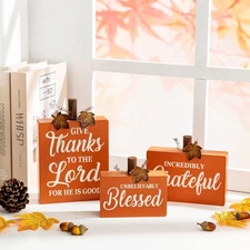 Glitzhome 3 Pack Fall Wooden Table Signs Farmhouse 3 Blocks 
